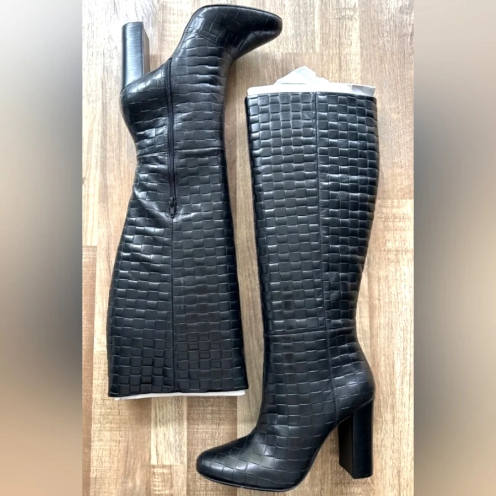New Dune London Sonoma Black Woven Leather Knee High Boots